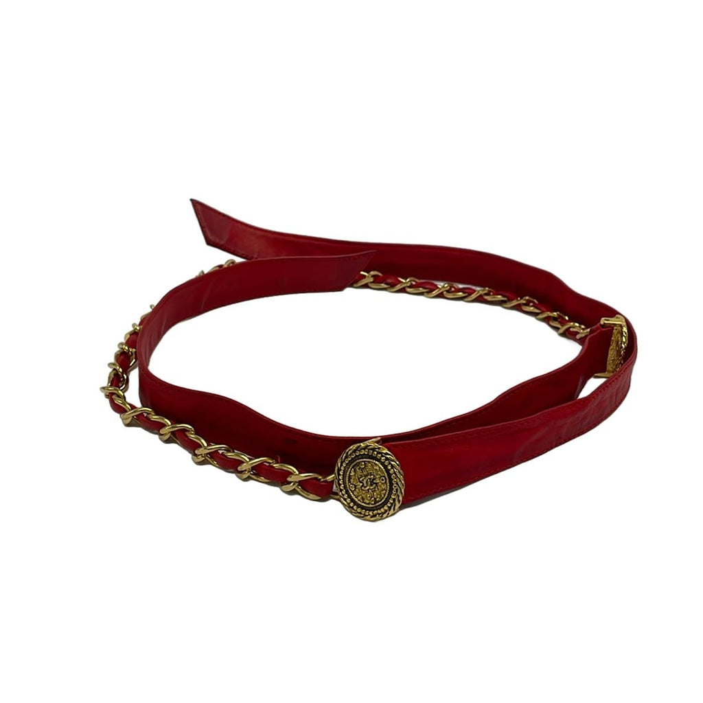 Chanel Belt Red Gold Chain Coin Leather