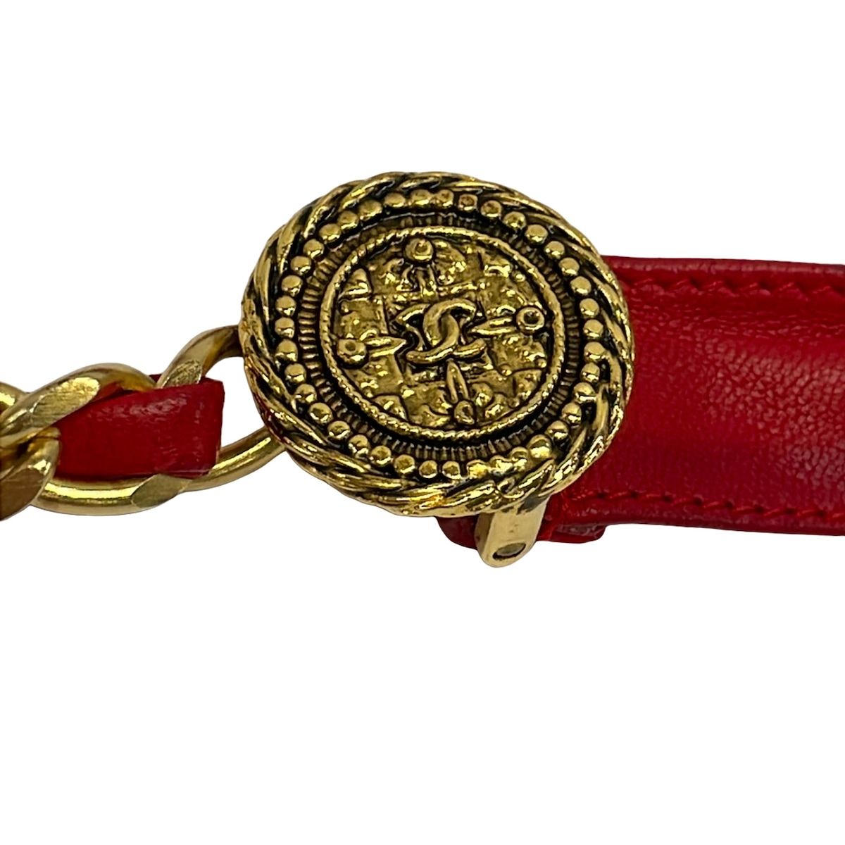 Chanel Belt Red Gold Chain Coin Leather — view 4