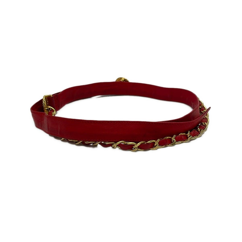 Chanel Belt Red Gold Chain Coin Leather — view 2