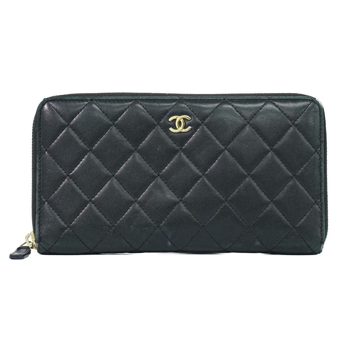 Chanel Quilted CC Logo Zip Around Wallet Lambskin Leather Black
