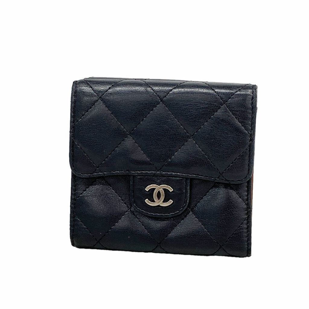 Chanel Trifold Wallet Quilted Lambskin Black Silver