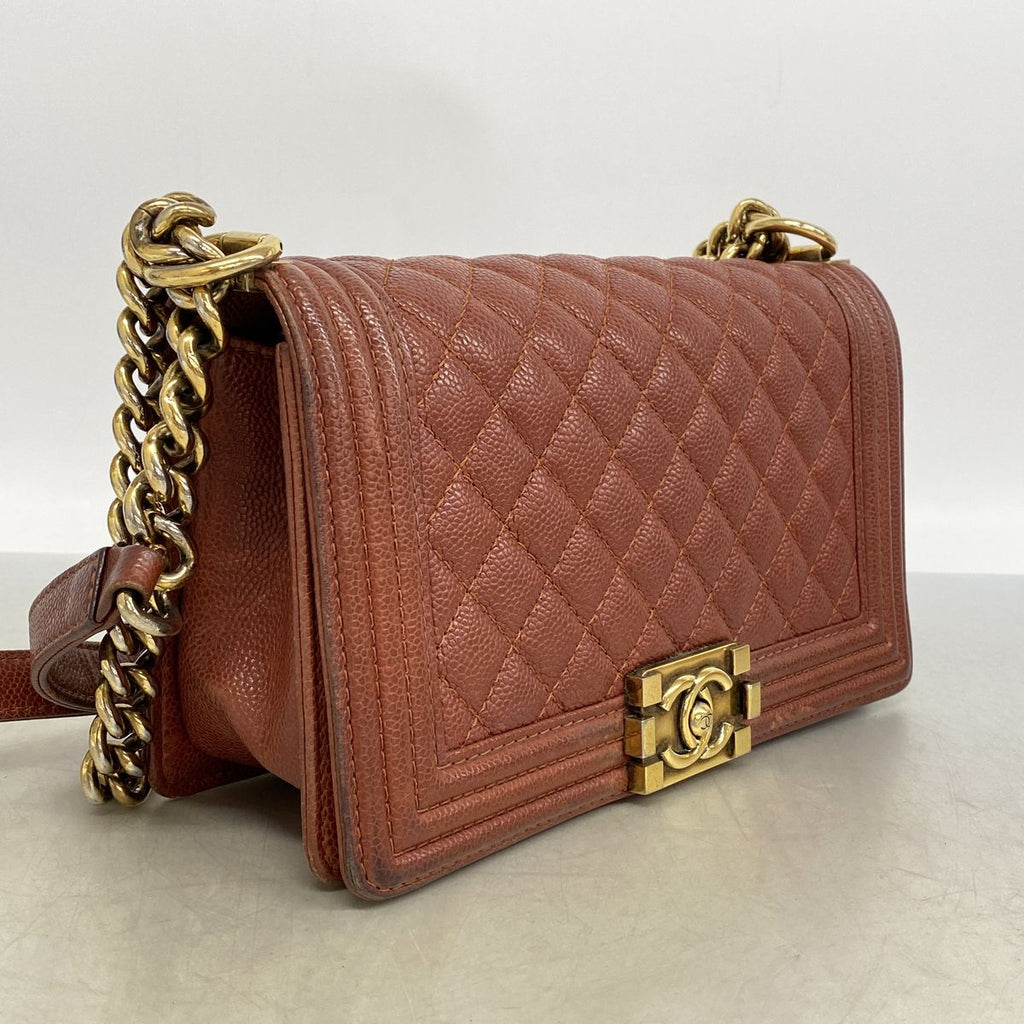 Chanel Shoulder Bag Boy Caviar Leather Brown Gold — view 2