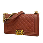 Chanel Shoulder Bag Boy Caviar Leather Brown Gold