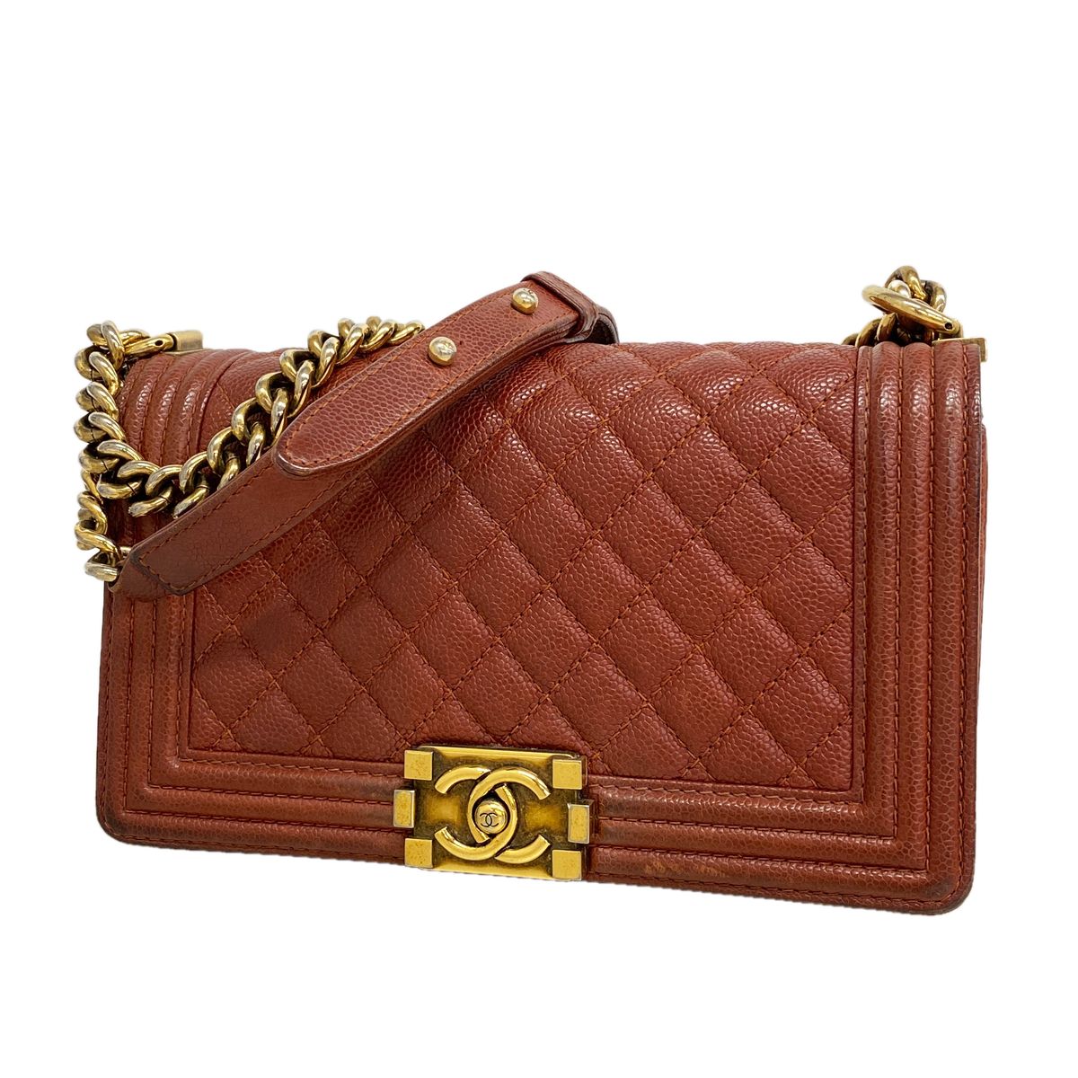 Chanel Shoulder Bag Boy Caviar Leather Brown Gold