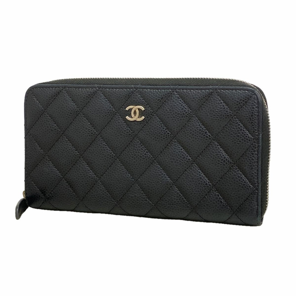 Chanel Wallet Quilted Caviar Leather Black Silver