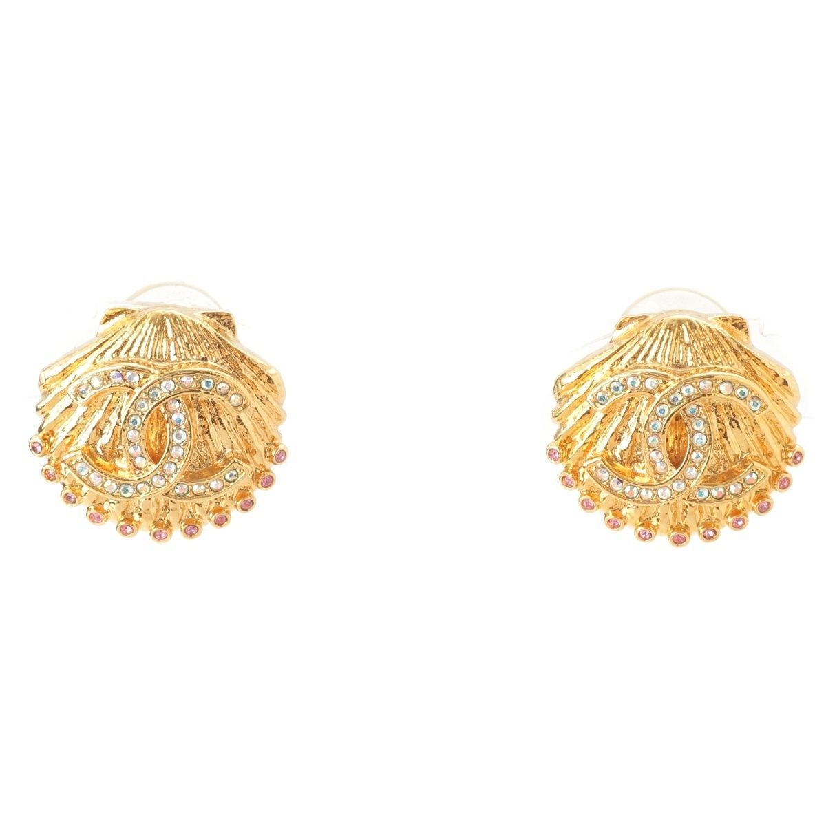 Chanel Rhinestone Shell CC Logo Earrings Gold