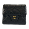 Chanel Quilted Black Gold Leather Trifold Wallet Fold Compact