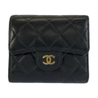 Chanel Quilted Black Gold Leather Trifold Wallet Fold Compact