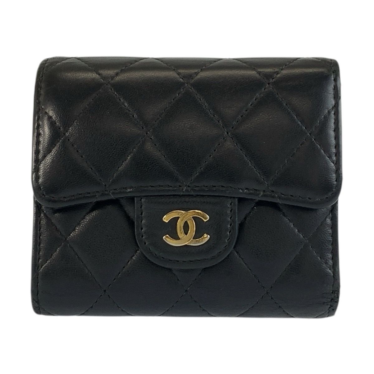 Chanel Quilted Black Gold Leather Trifold Wallet Fold Compact