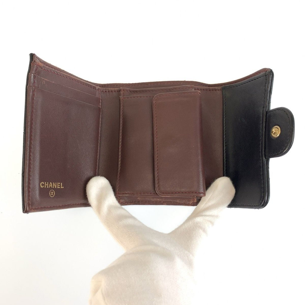 Chanel Quilted Black Gold Leather Trifold Wallet Fold Compact — view 4