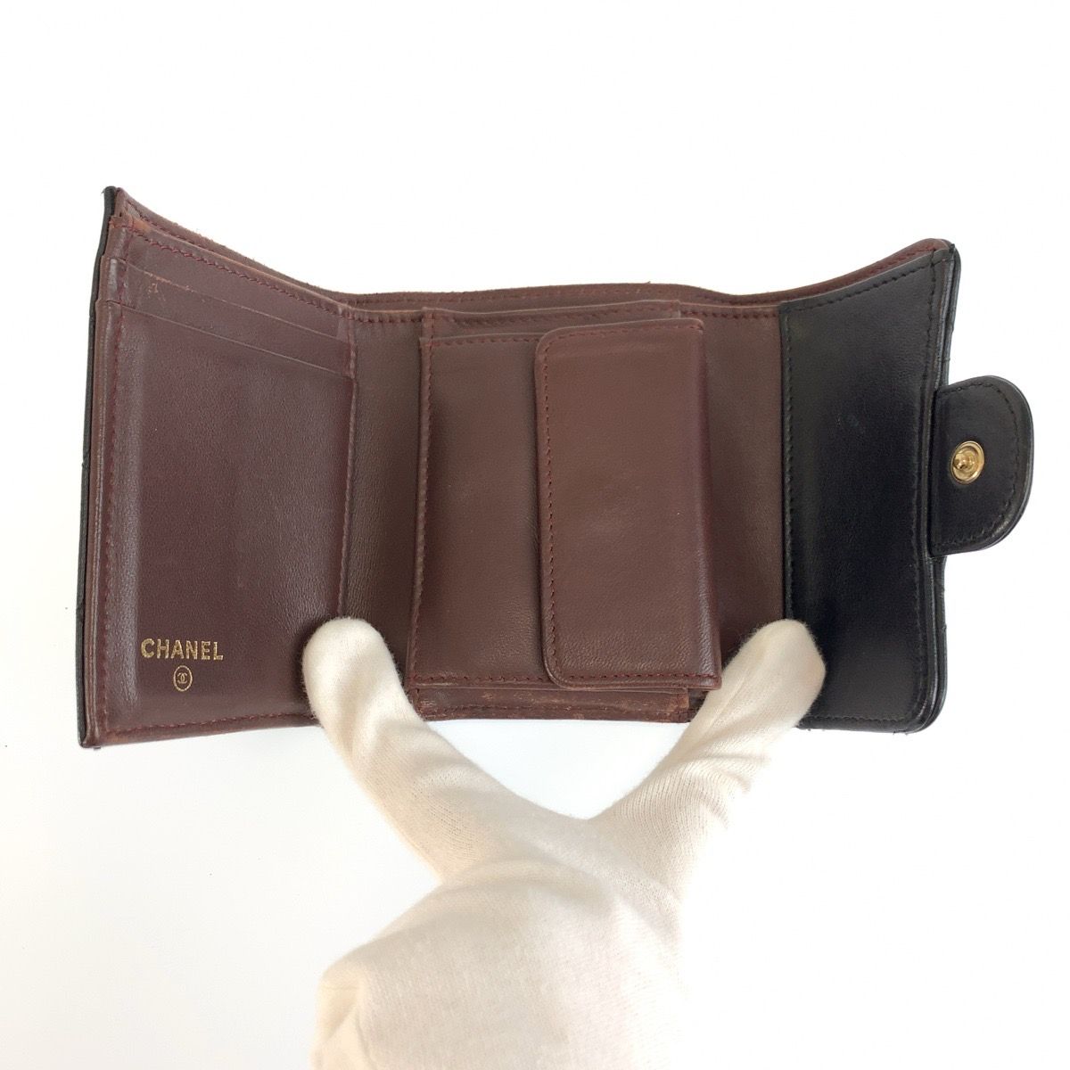 Chanel Quilted Black Gold Leather Trifold Wallet Fold Compact — view 4