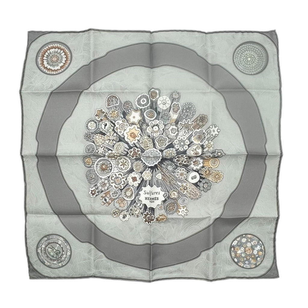 Hermes Petit Carre Scarf 45 Suifures Silk Gray Japanese Pattern