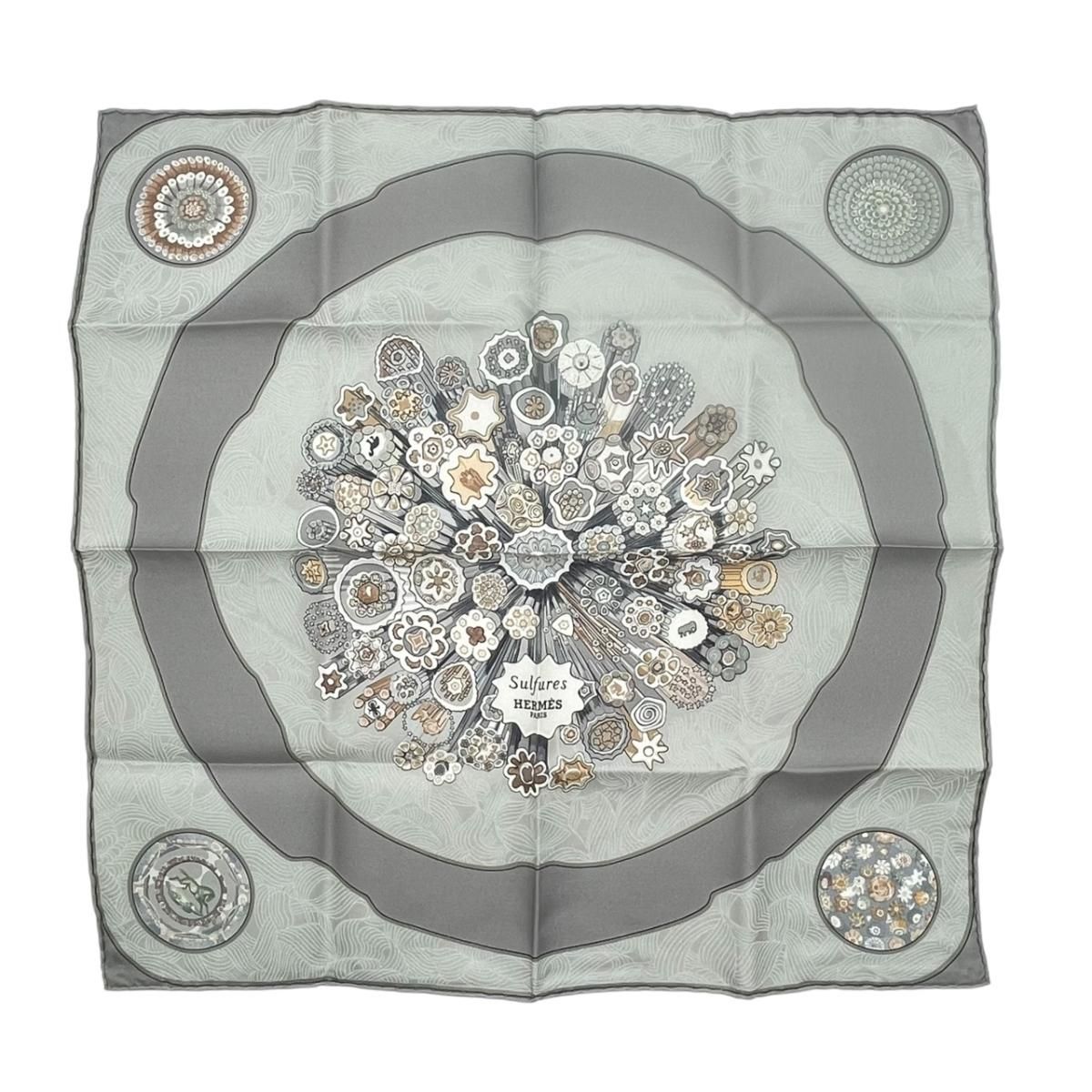 Hermes Petit Carre Scarf 45 Suifures Silk Gray Japanese Pattern