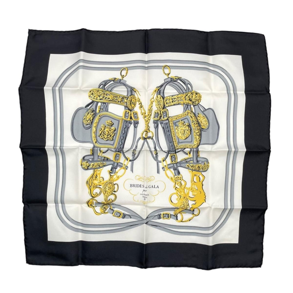 Hermes Petit Carre Scarf 45 Silk Belt Chain Pattern Black Gold