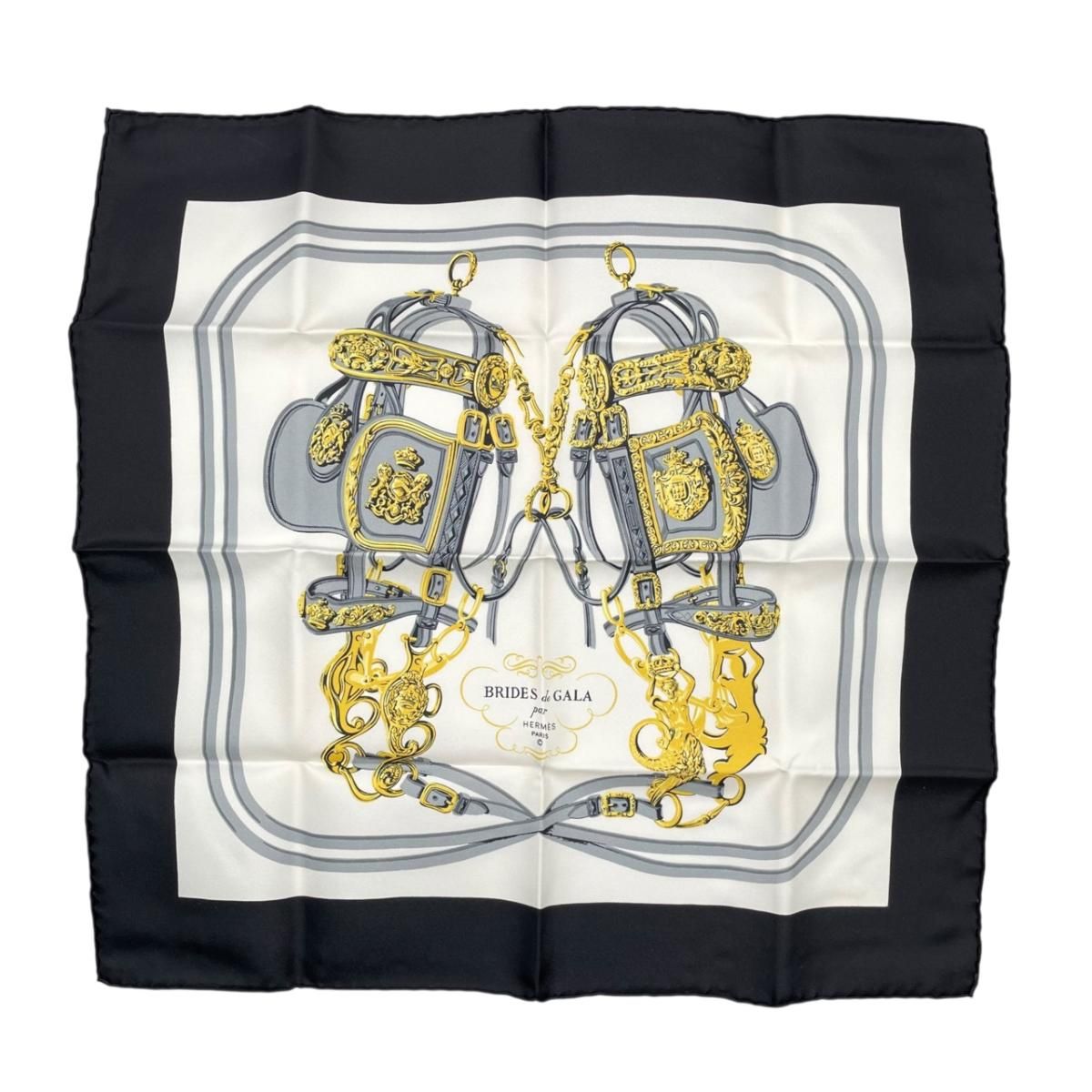 Hermes Petit Carre Scarf 45 Silk Belt Chain Pattern Black Gold