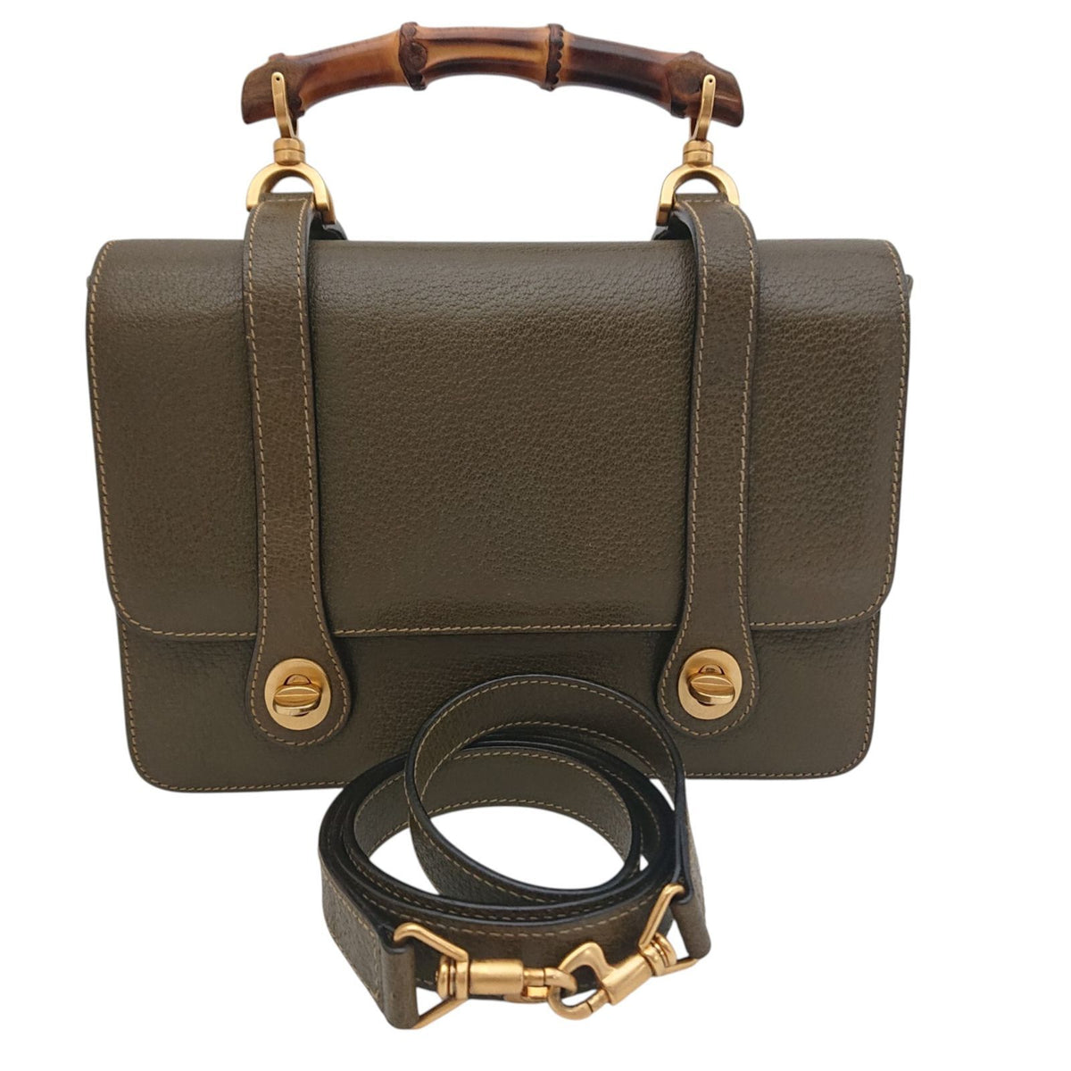 Gucci Bamboo Double Face 2-Way Shoulder Bag Leather Khaki Turnlock Gold