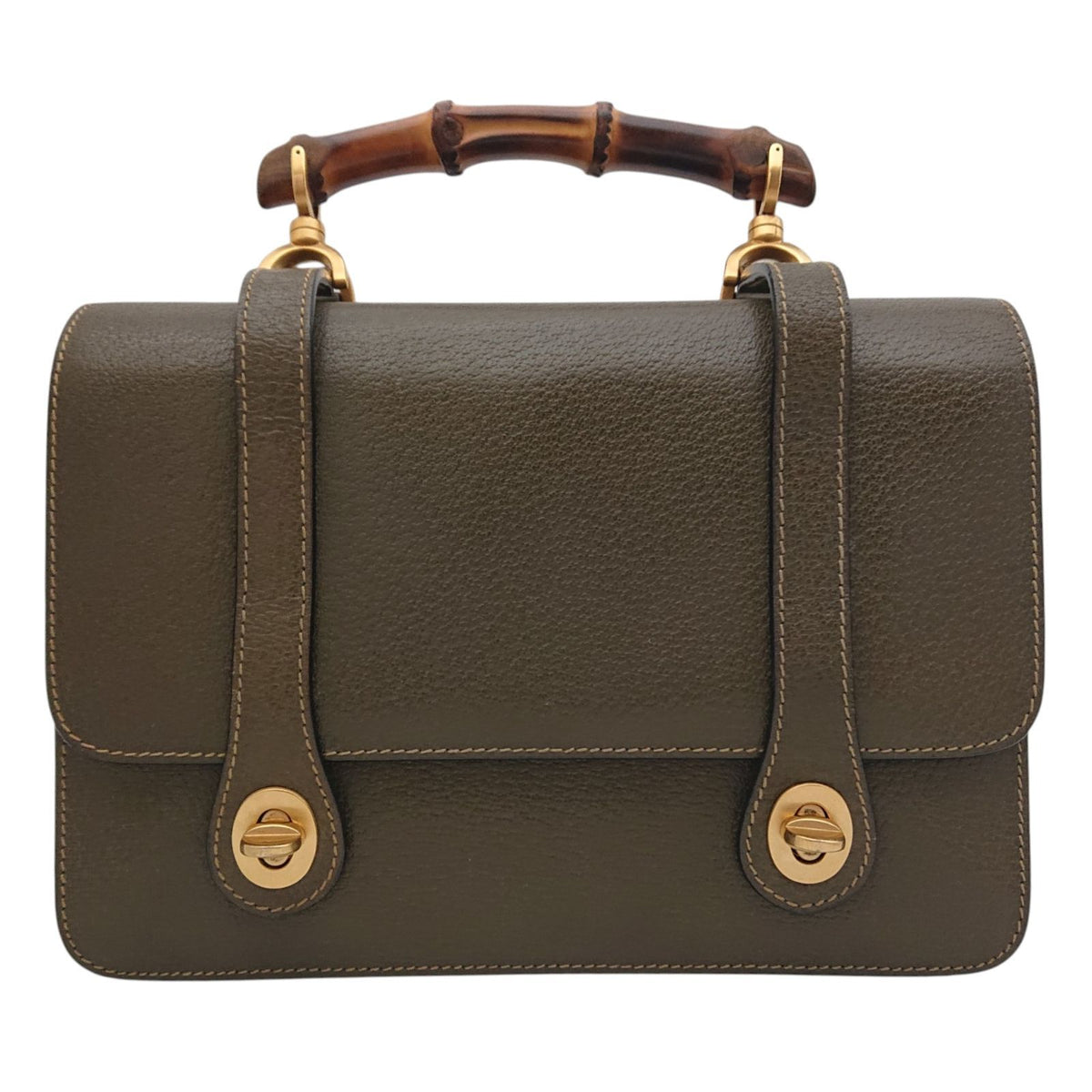 Gucci Bamboo Double Face 2-Way Shoulder Bag Leather Khaki Turnlock Gold — view 3