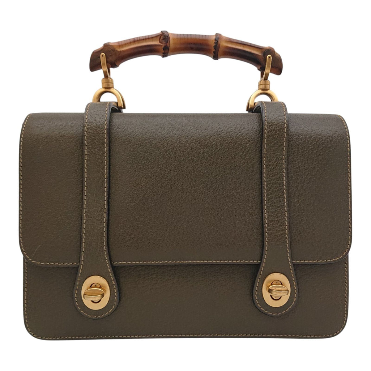 Gucci Bamboo Double Face 2-Way Shoulder Bag Leather Khaki Turnlock Gold — view 4