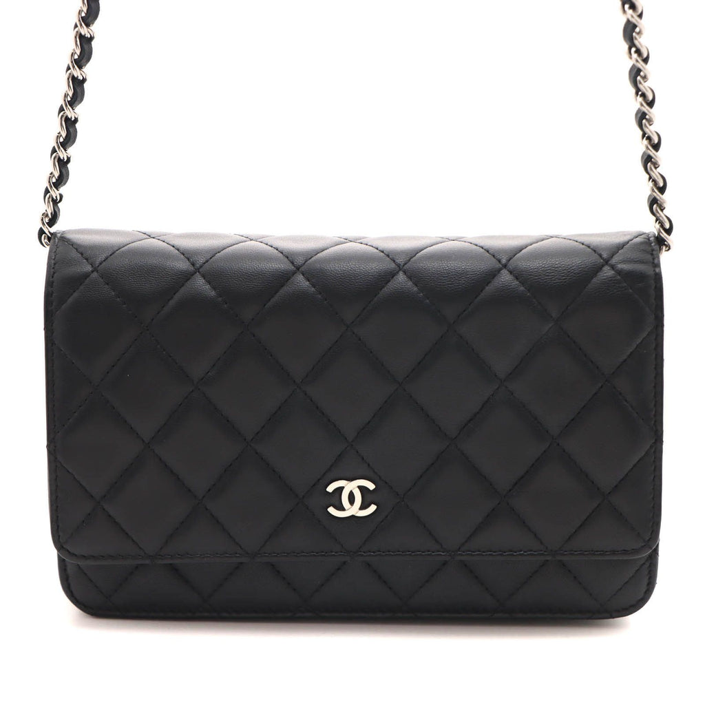 Chanel Quilted Chain Wallet Black Silver Lambskin Shoulder Bag