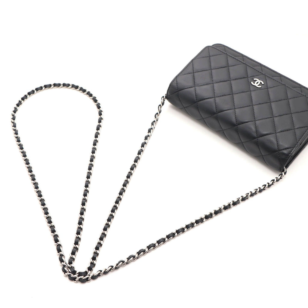 Chanel Quilted Chain Wallet Black Silver Lambskin Shoulder Bag — view 4