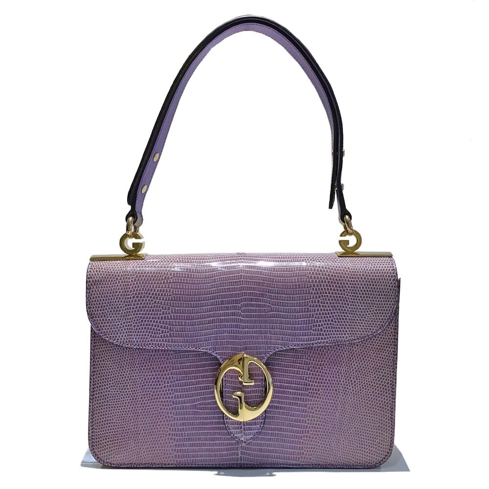 Gucci Interlocking G Shoulder Bag Lizard Purple Gold Mirror