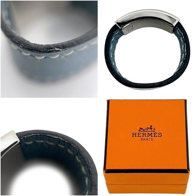 Hermes Lurie Ring M Leather Metal Blue Silver — view 3