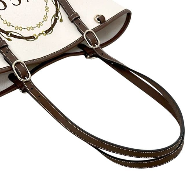 Gucci Tote Bag Small Horsebit Logo Print Canvas Leather Natural Brown White — view 8