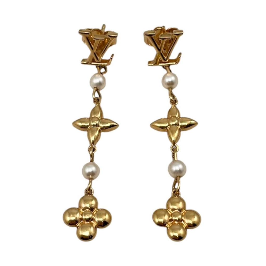Louis Vuitton Earrings Pandant Monogram Flower LV Logo Pearl Gold
