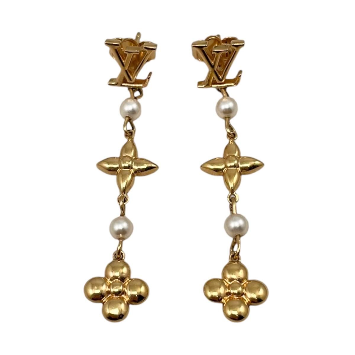 Louis Vuitton Earrings Pandant Monogram Flower LV Logo Pearl Gold