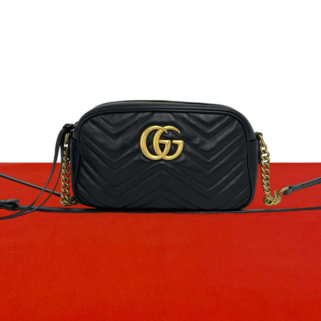 Gucci GG Marmont Logo Quilted Leather Shoulder Bag Pochette Black