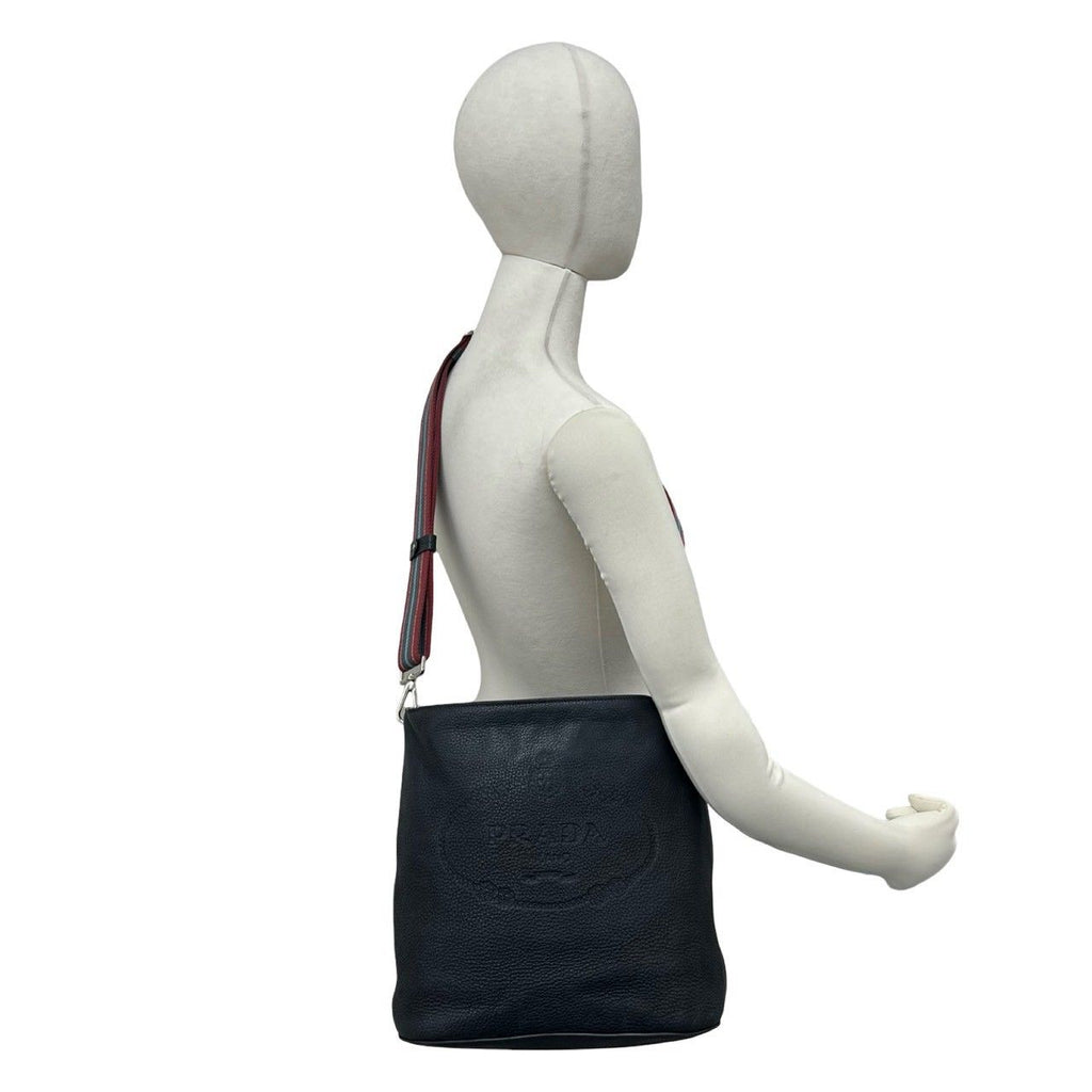 Prada Logo Embossed Leather Shoulder Bag Cross Black — view 2