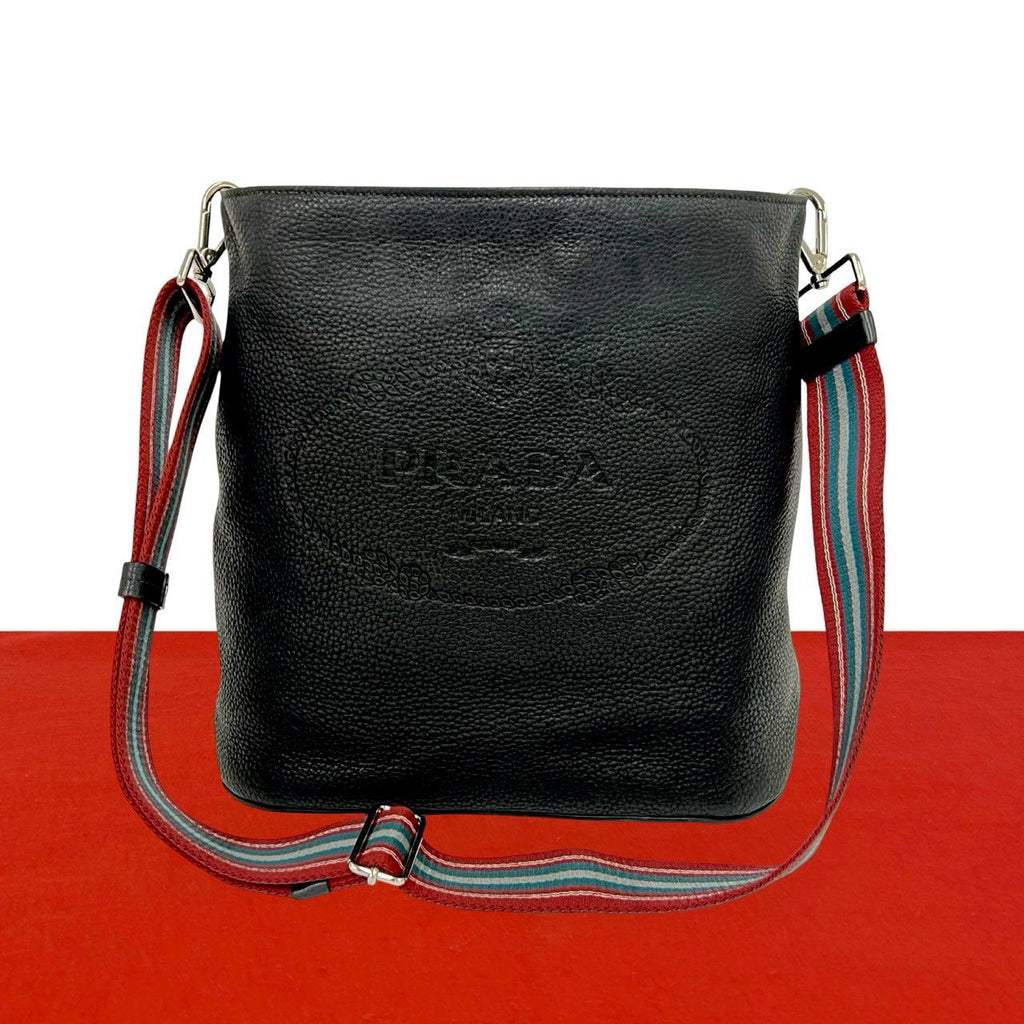 Prada Logo Embossed Leather Shoulder Bag Cross Black