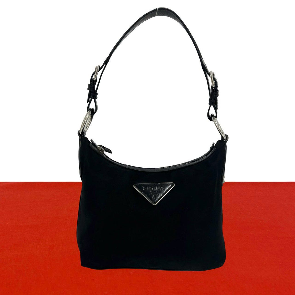 Prada Triangle Logo Tessuto Pocono Nylon Leather Shoulder Bag Black
