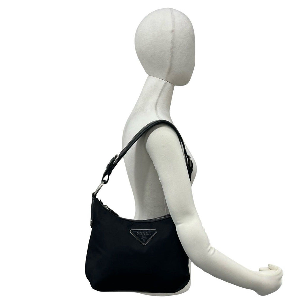 Prada Triangle Logo Tessuto Pocono Nylon Leather Shoulder Bag Black — view 2