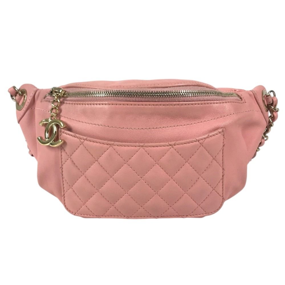 Chanel Belt Bag CC Logo Chain Bag Waist Pouch Leather Pink