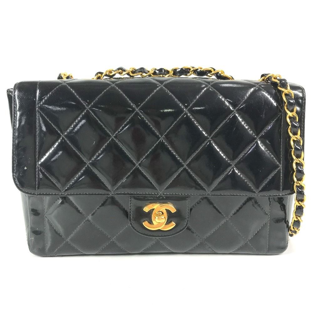 Chanel Shoulder Bag Quilted CC Logo Vintage Patent Leather Black