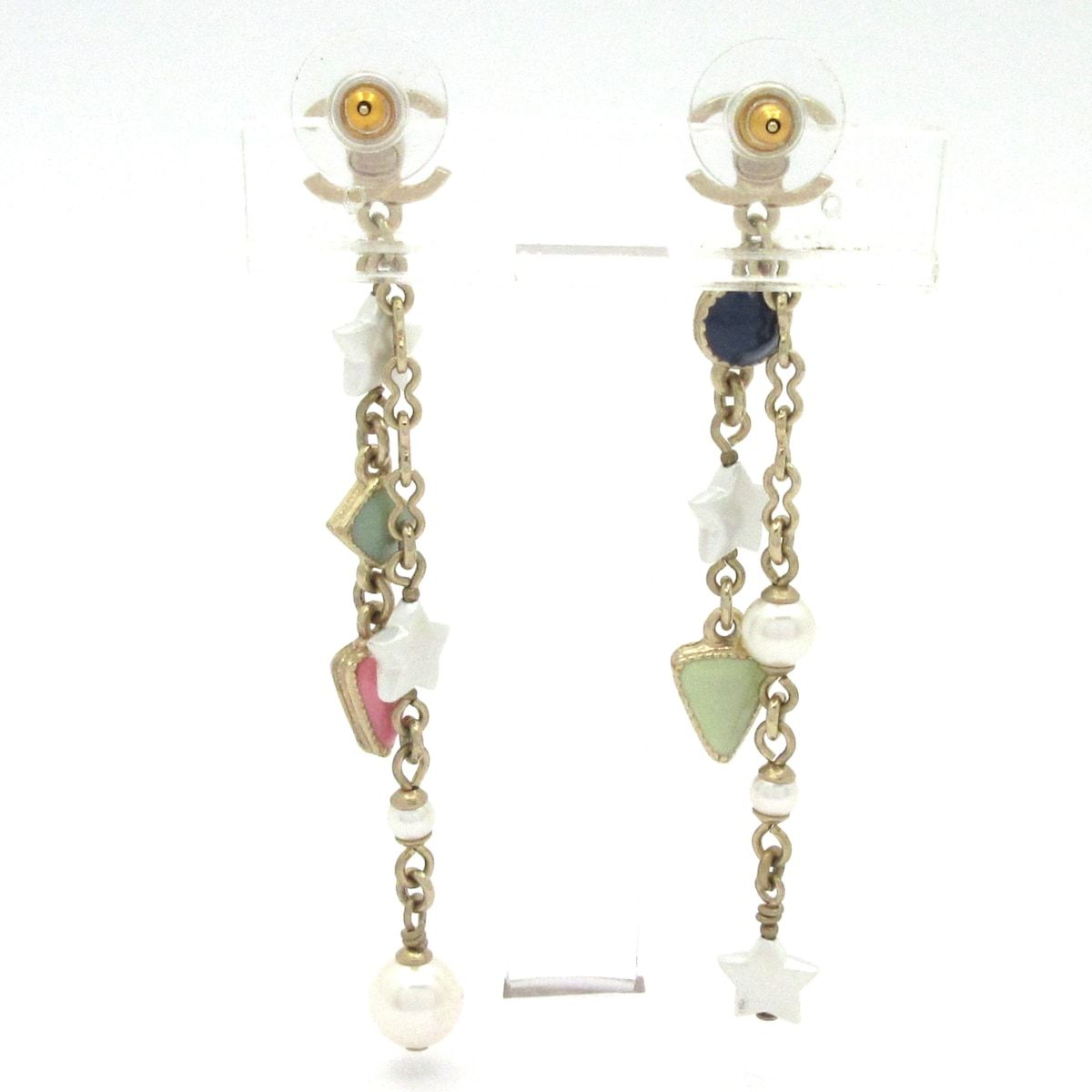Chanel Earrings Gold Light Green Multi Star CC Logo — view 3