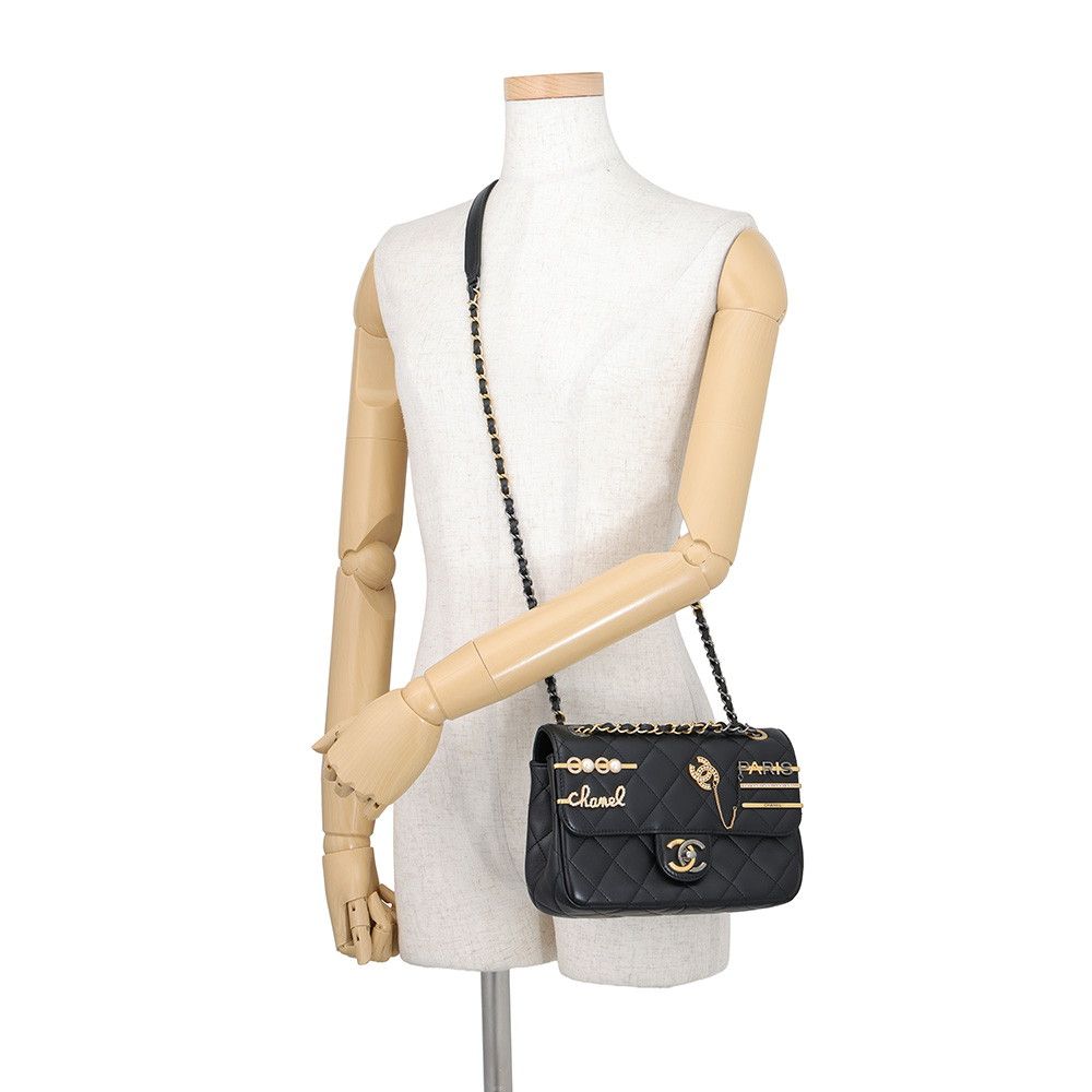 Chanel Chain Shoulder Bag Quilted Charm Single Flap Lambskin Black — view 5