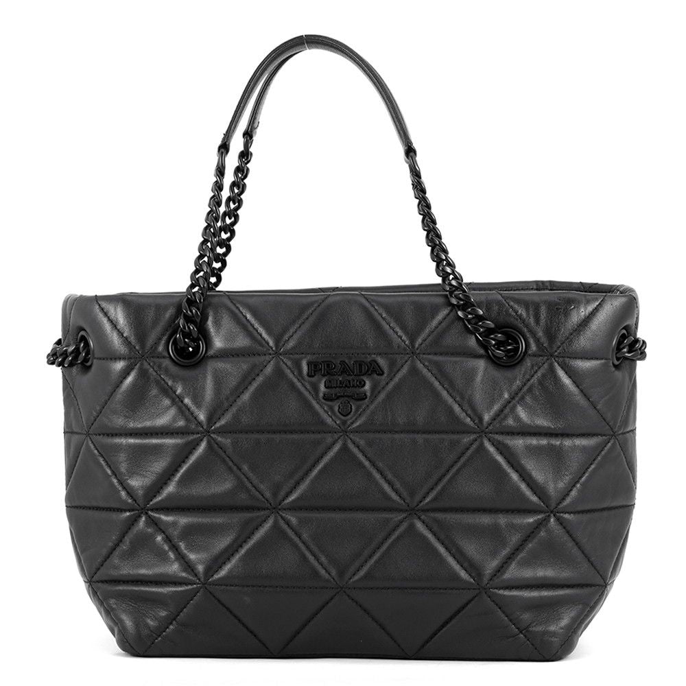 Prada Chain Shoulder Bag Nappa Stitch Logo Leather Black