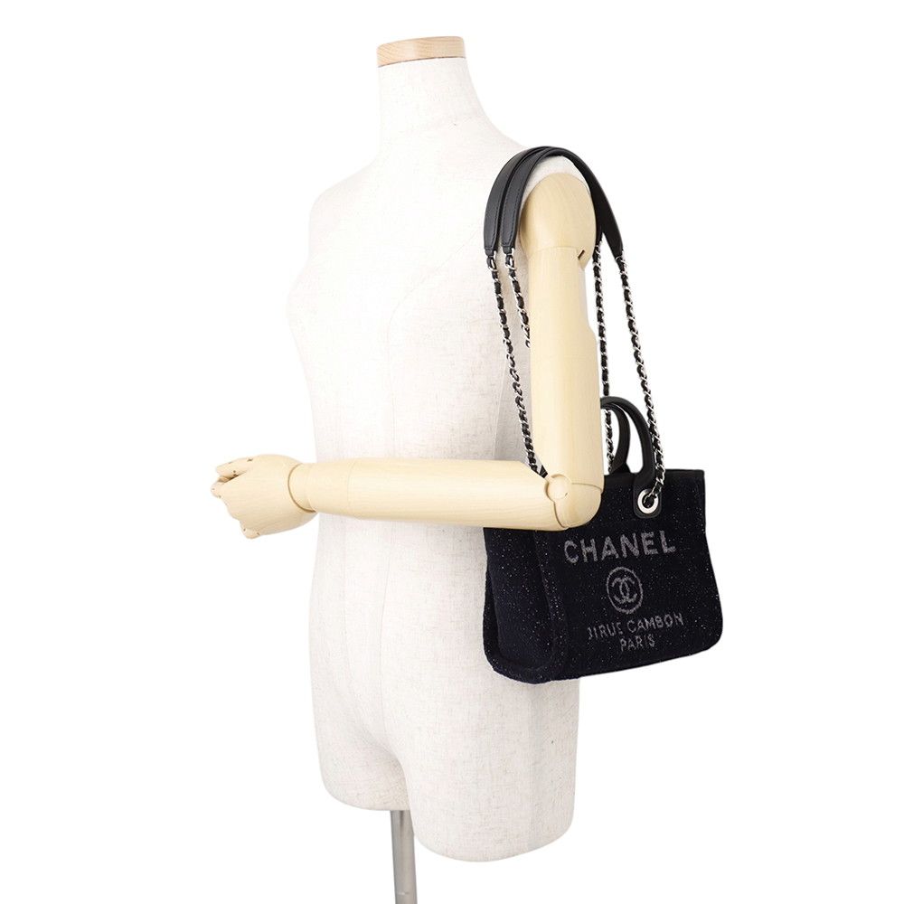 Chanel Tote Bag Deauville Line Mini Logo Glitter Tweed Leather Black — view 5