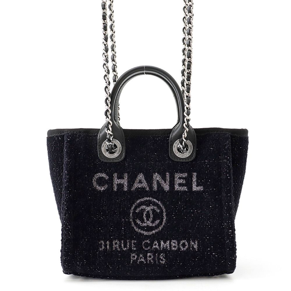 Chanel Tote Bag Deauville Line Mini Logo Glitter Tweed Leather Black