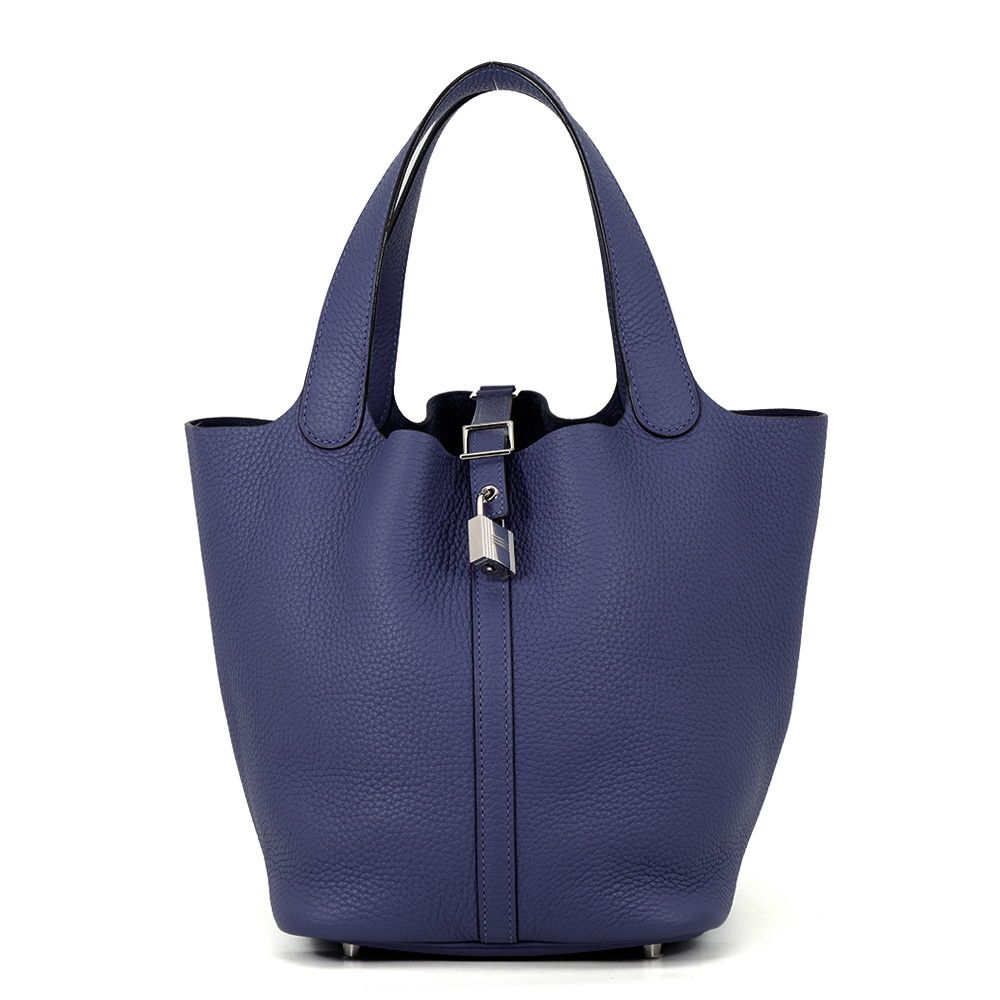 Hermes Handbag Picotin Lock MM Blue Saphir Silver Taurillon Clemence