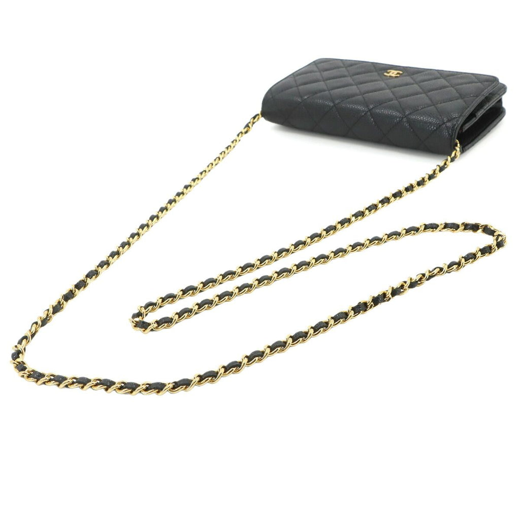 Chanel Quilted Chain Wallet Caviar Leather Black Gold Shoulder Bag — view 5