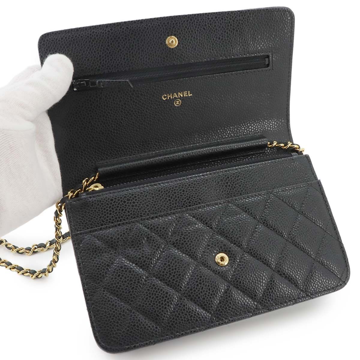 Chanel Quilted Chain Wallet Caviar Leather Black Gold Shoulder Bag — view 6
