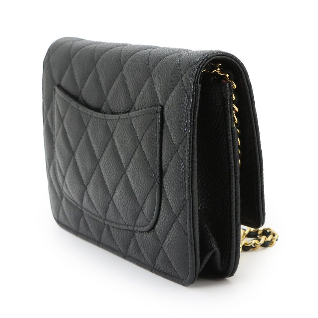 Chanel Quilted Chain Wallet Caviar Leather Black Gold Shoulder Bag — view 3