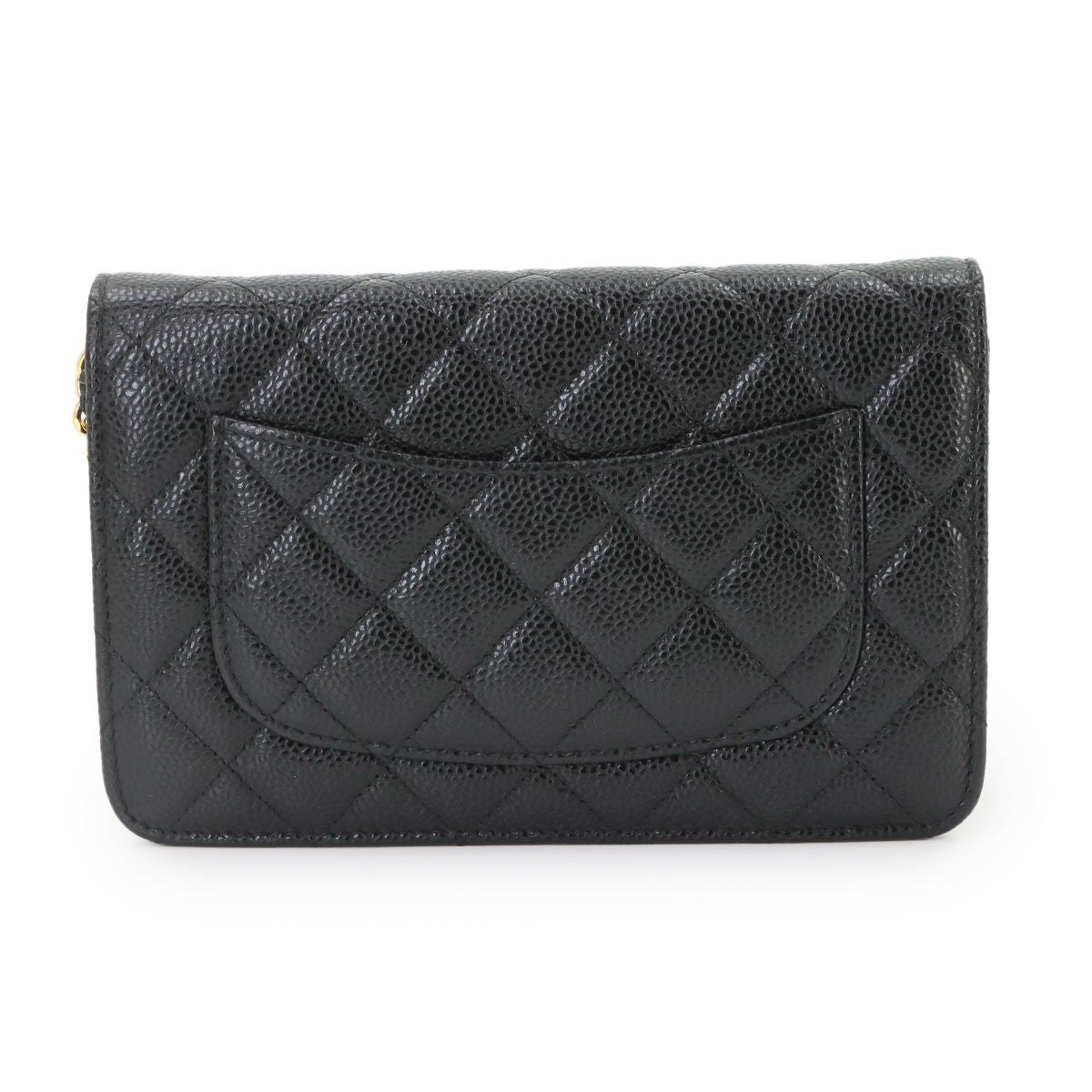 Chanel Quilted Chain Wallet Caviar Leather Black Gold Shoulder Bag — view 2