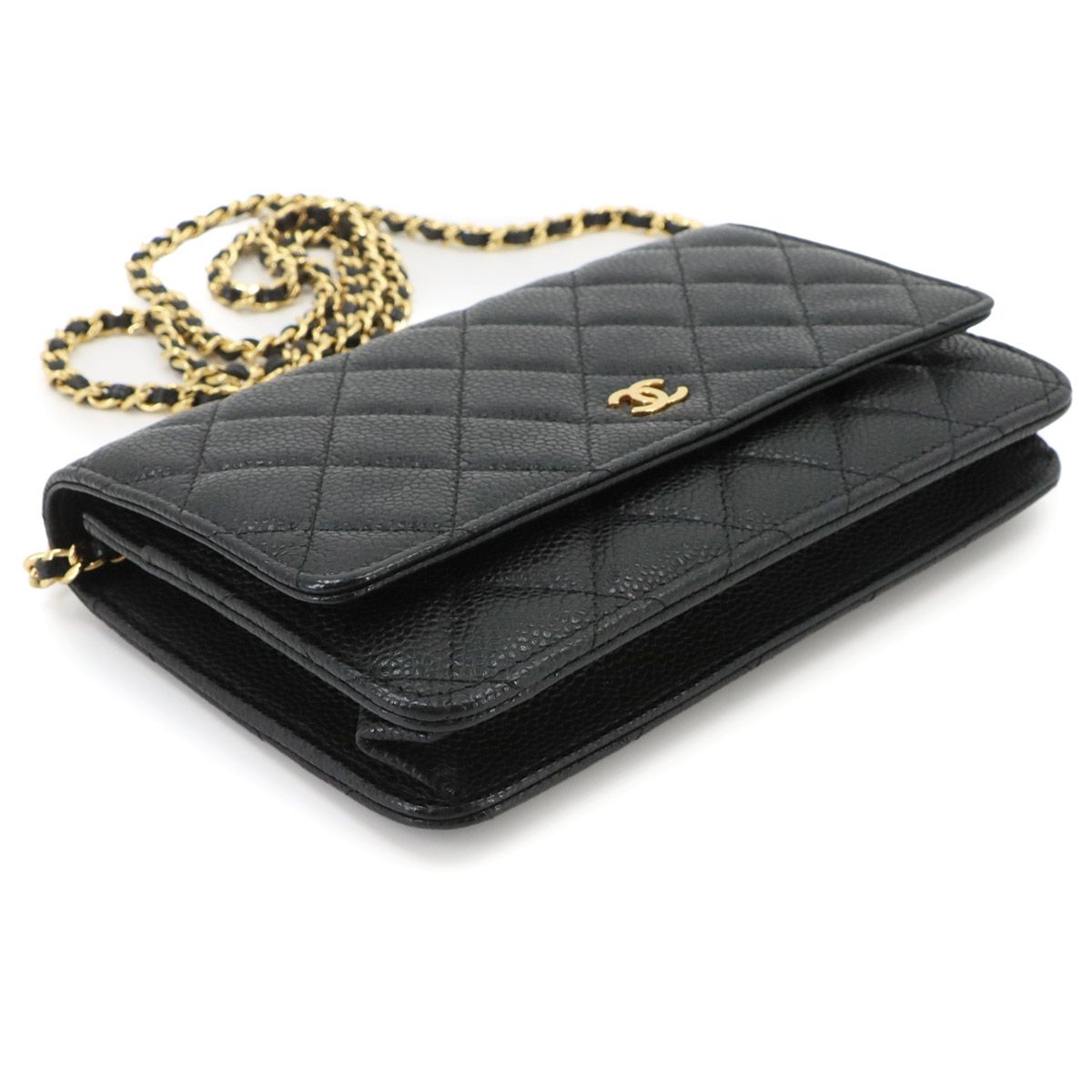 Chanel Quilted Chain Wallet Caviar Leather Black Gold Shoulder Bag — view 4