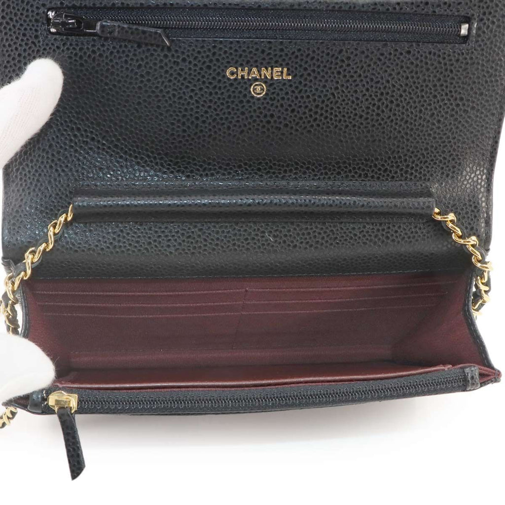 Chanel Quilted Chain Wallet Caviar Leather Black Gold Shoulder Bag — view 7