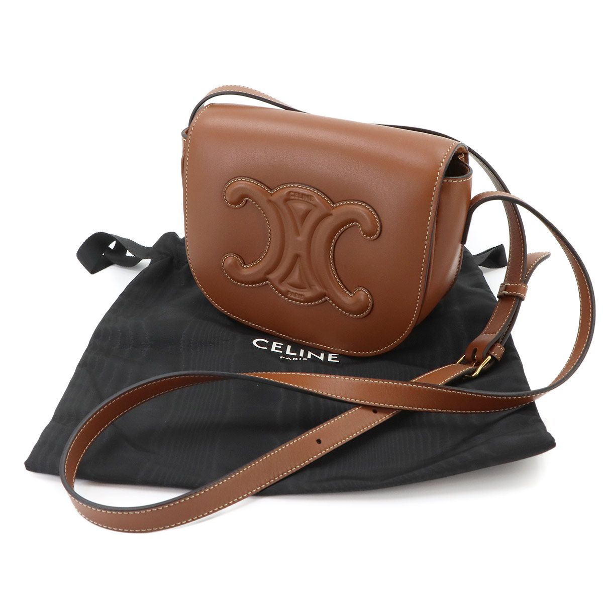 Celine Folco Cuir Triomphe Bag Shoulder Leather Tan Gold — view 2