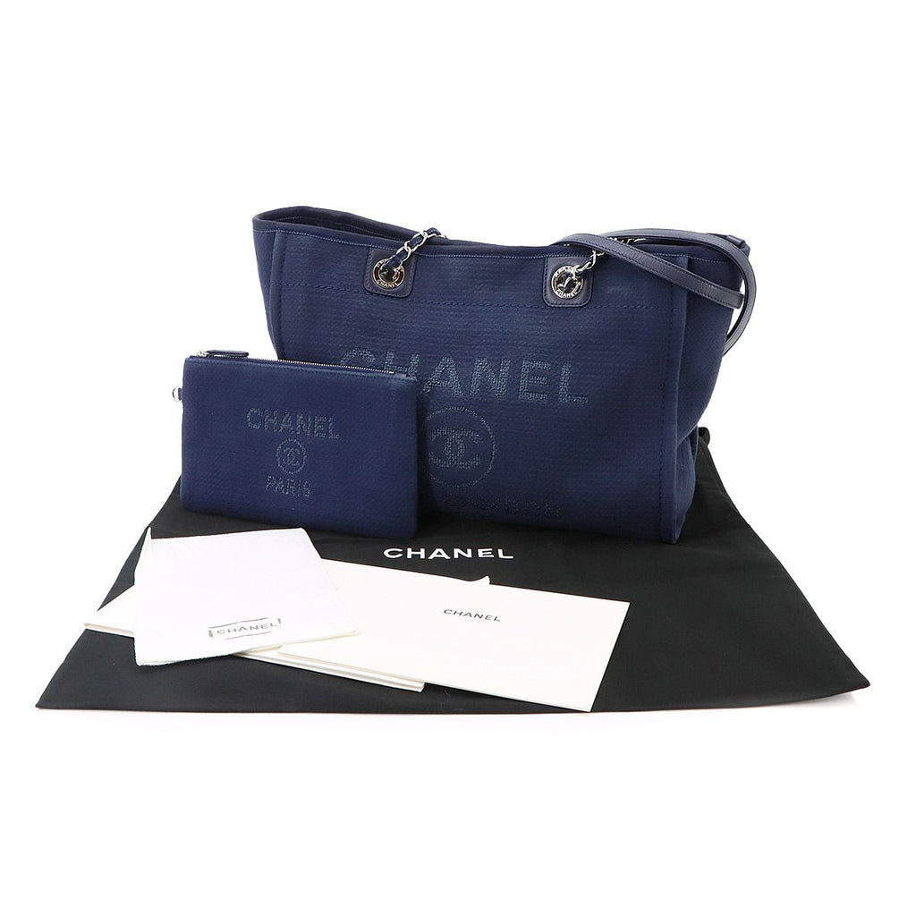 Chanel Deauville MM Chain Tote Bag Canvas Leather Navy — view 2